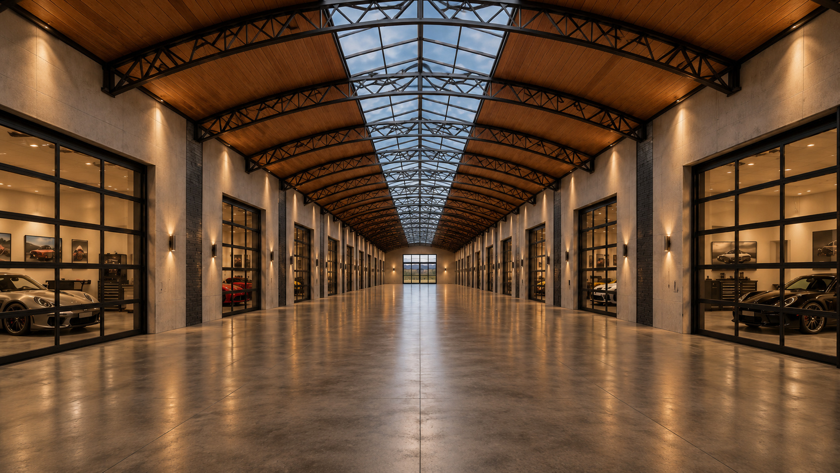 The Indoor Boulevard at Parc Fermé — a climate-controlled corridor connecting all suites under a barrel-vaulted glass skylight
